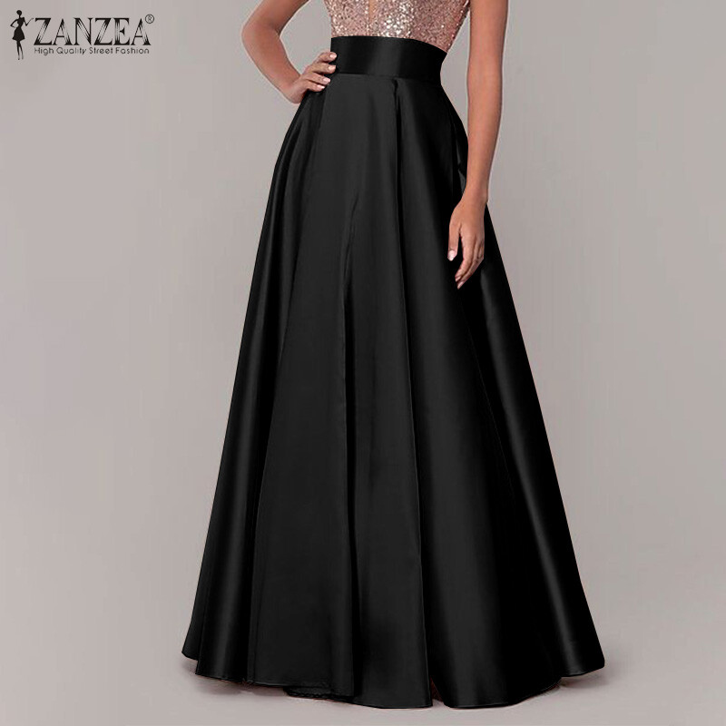 MOMONACO ZANZEA Muslimah Womens Muslim Satin Silky A Line High Waist Skirts Flare Swing Skirts High Waist Long Dress MCO