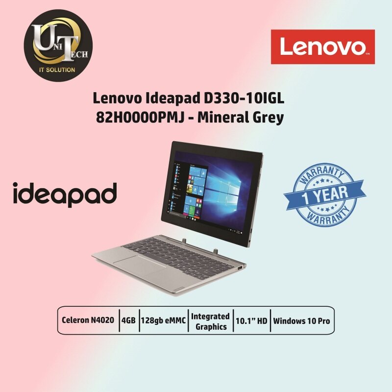 Lenovo IdeaPad D330-10IGL (82H0000PMJ) -Mineral Grey (Celeron N4020/4GB/128GB eMMC/Intel UHD 600 Graphics/10.1 HD Touch Screen/WIN10PRO) Malaysia