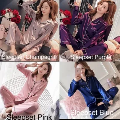 CRT Raya 2021 Women Silk Satin Pyjamas Long Sleeve wanita Pajamas Set Baju Tidur seksi Perempuan Plus Size baju tido