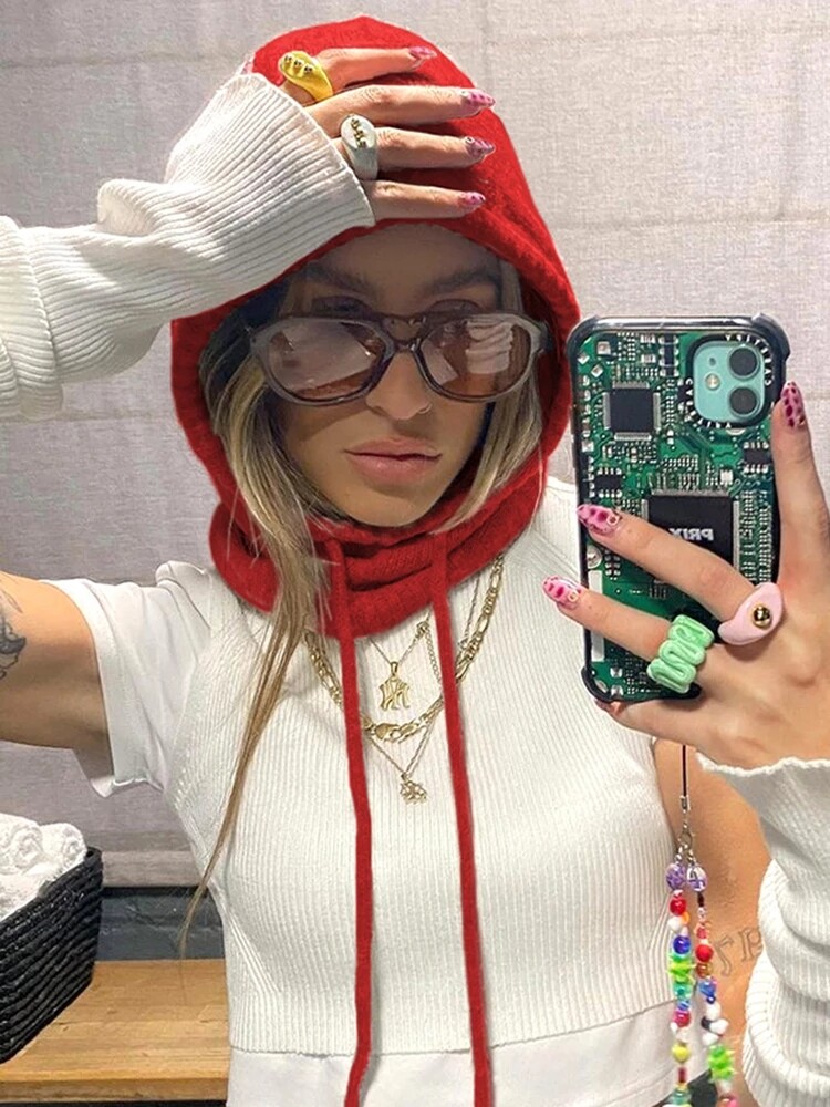 Y2K Hooded Scarf Hats Women Winter Warm Balaclava Pullover Knitted Beanie Hat with Drawstring Gilrs Fashion Caps Streetwear