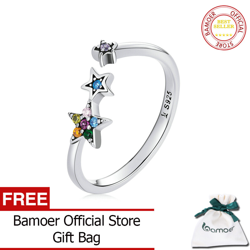 BAMOER 925 Sterling Silver Adjustable Rainbow Colorful Star Ring For Women Free size Ring Fashion Jewelry SCR769