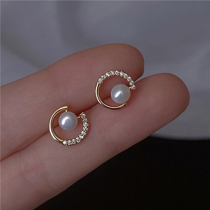 Frascati New Arrival Trendy Round Exquisite Pearl Round C-shaped Simple Stud Earrings For Women Fashion Crystal Jewelry Gift