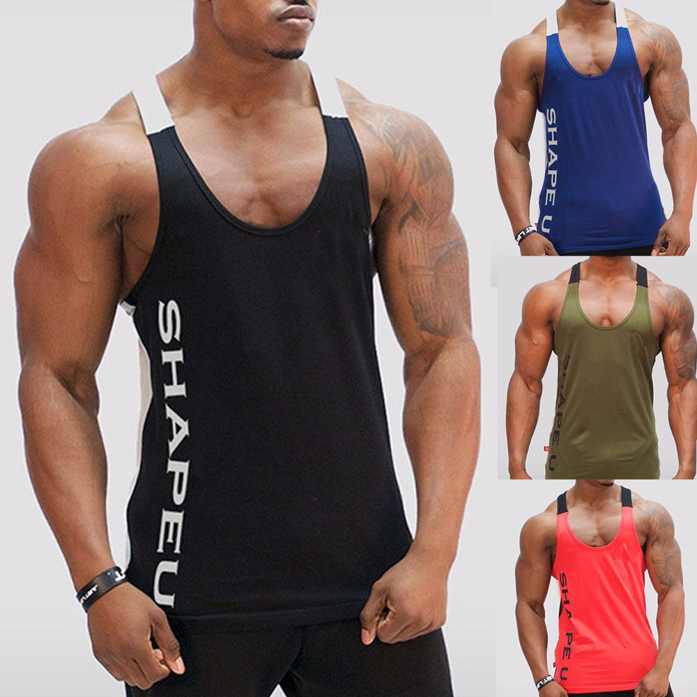 Happybuyner Fashion Casual Men Gym Fitness Workout Running Letter Print Bodybuilding Muscle Stringer AthlCottonetic Tank Top Shirt Clothes