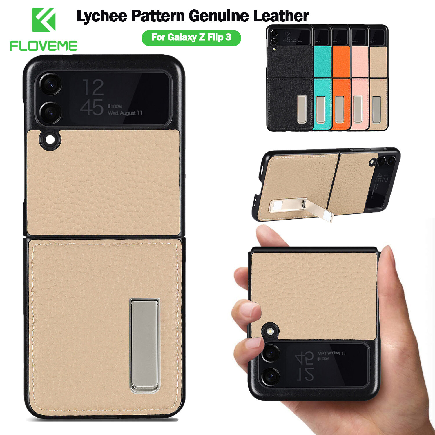FLOVEME Genuine Leather Case For Samsung Galaxy Z Flip 3 5G Phone Case Lychee Pattern With Bracket Anti-fall And Shock-proof Protective Shell Case Samsung Galaxy Z Flip 3 5G