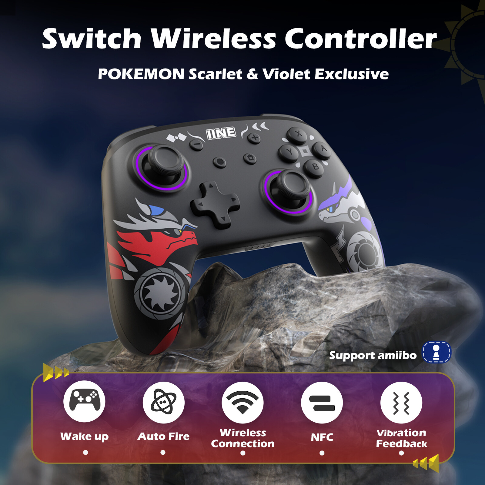 IINE Scarlet & Violet Bộ Điều Khiển NFC Không Dây Wake Up Tương Thích Nintendo Switch