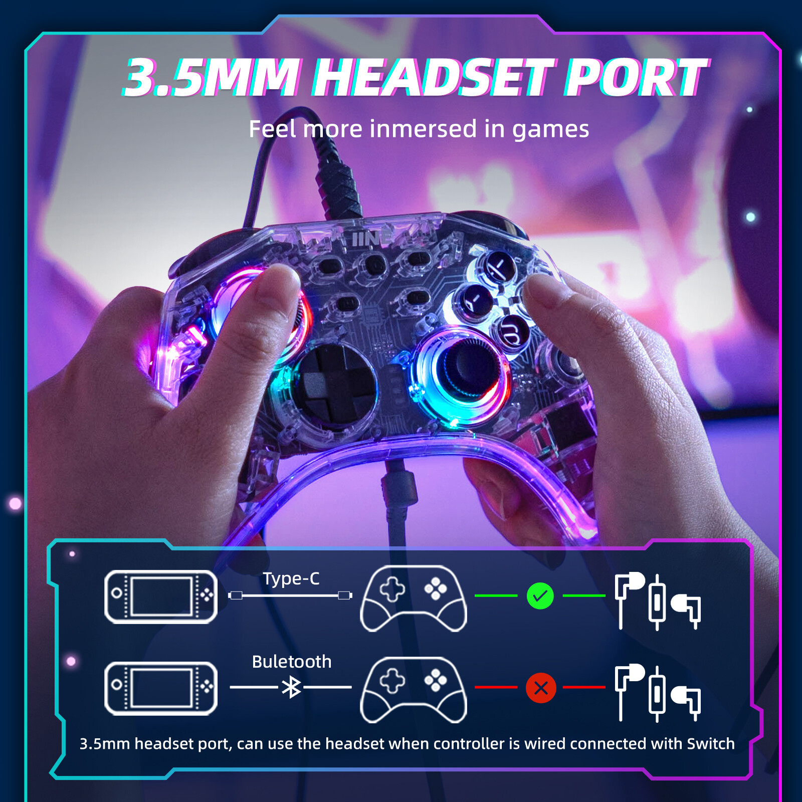 IINE Ares Transparent Wireless Controller with Headset Jack RGB Light compatible Nintendo Switch Steam