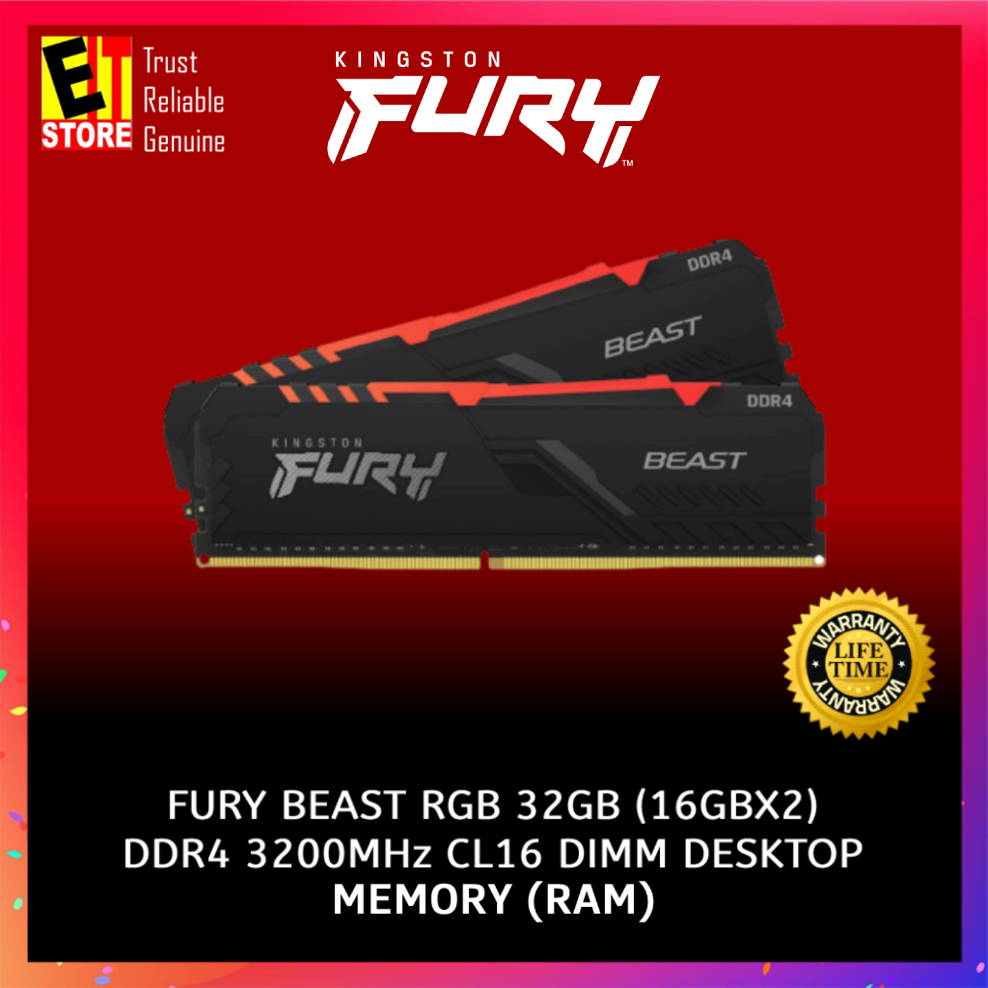 KINGSTON FURY BEAST RGB 32GB (16GBX2) DDR4 3200MHz CL16 DIMM