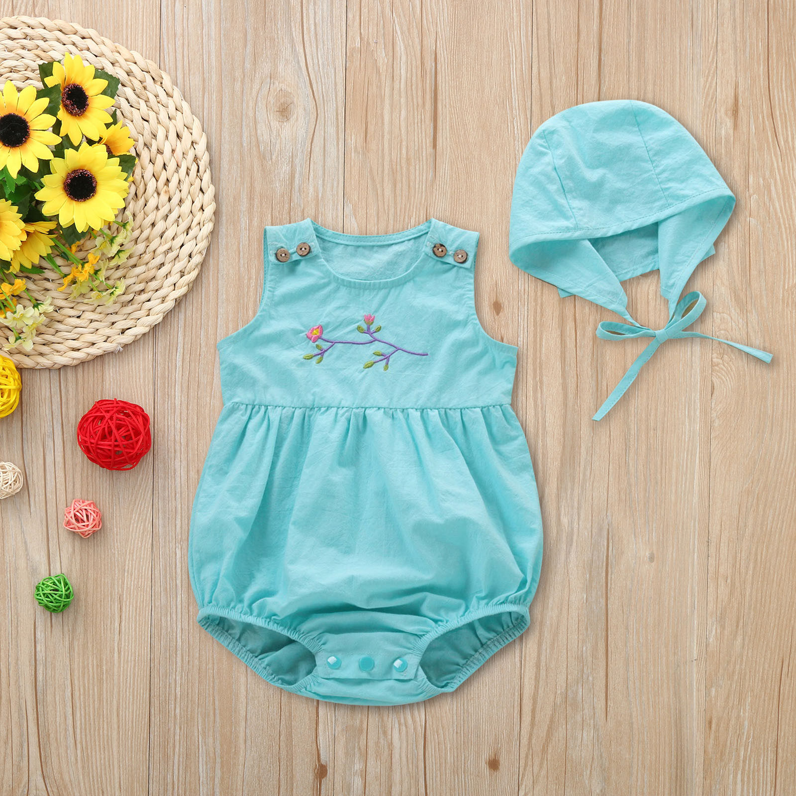 [จัดส่งฟรี] ทารกแรกคลอดชายหญิงปักพิมพ์ Bodysuit Romper + หมวกชุดชุด