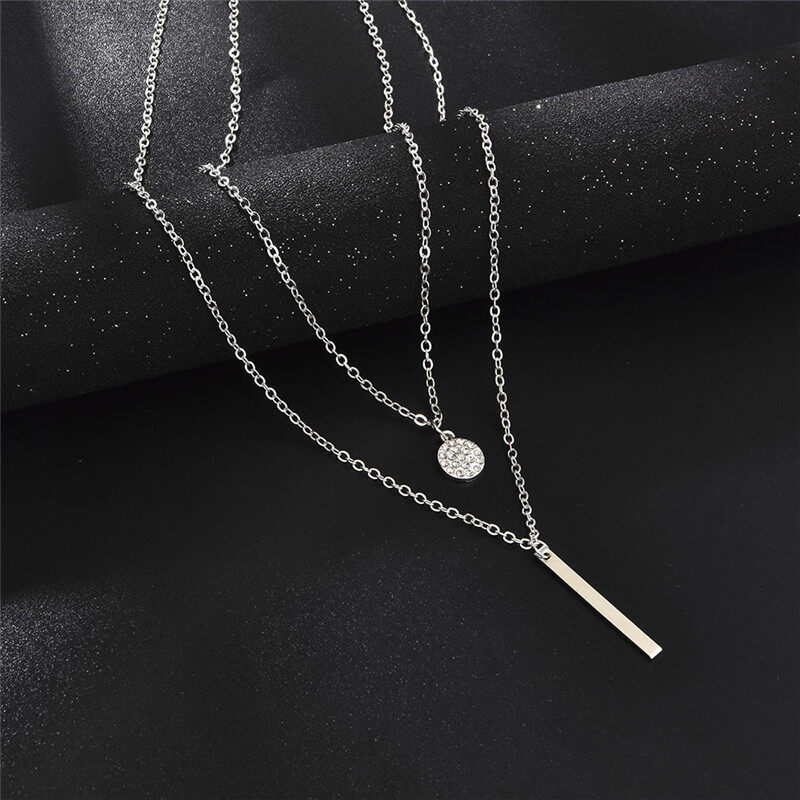 [Lady Sugar] Square Full Zircon Round Double Layer Necklace for Women Ins Clavicle Gold Silver Long Chain Pendant Simple Temperament Necklace