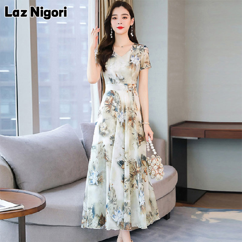Laz Nigori Short-sleeved floral dress Age-reducing mid-length dress Slim and temperament long dress