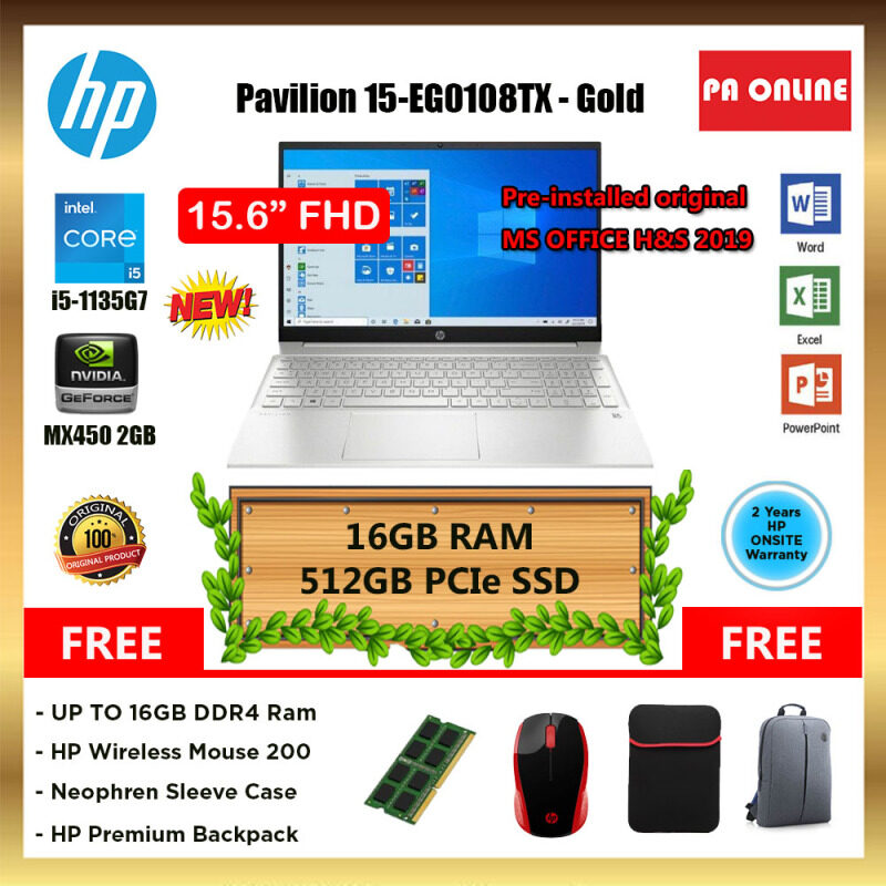 HP Pavilion 15-EG0108TX - 24GB RAM -Intel Core i5-1135G7 /8GB-24GB RAM /512GB SSD /15.6 FHD /NVD MX450 2GB /Win 10 /MS office /2 Years Malaysia