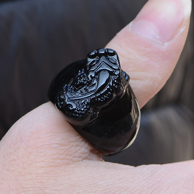 TIMESWIND Natural Obsidian Black Dragon Scripture Lucky Pixiu Ring O1R