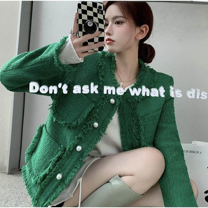 Green Jacket Female Small Fragrant Wind Round Neck Loose Long-sleeved Spring French Retro Cropped Top Blazer Coat for Ladies