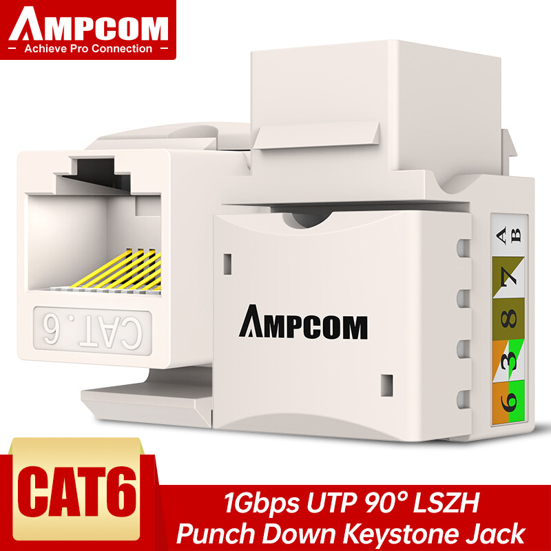 Ampcom cat6 keystone jack insert 5/10 pack, 90 degree punch down keystone jack adapter-milky
