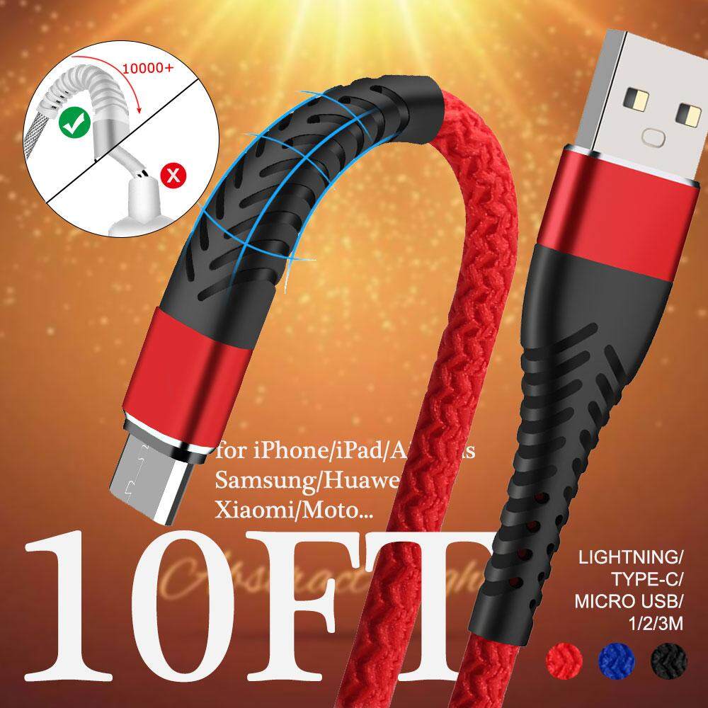 1/2/3 M 10FT Tarik Tinggi Tahan Lama USB Anyaman Tali Mikro Pengisian Cepat USB Tipe-C Petir untuk Android samsung Iphone Huawei OPPO Vivo Xiaomi ..