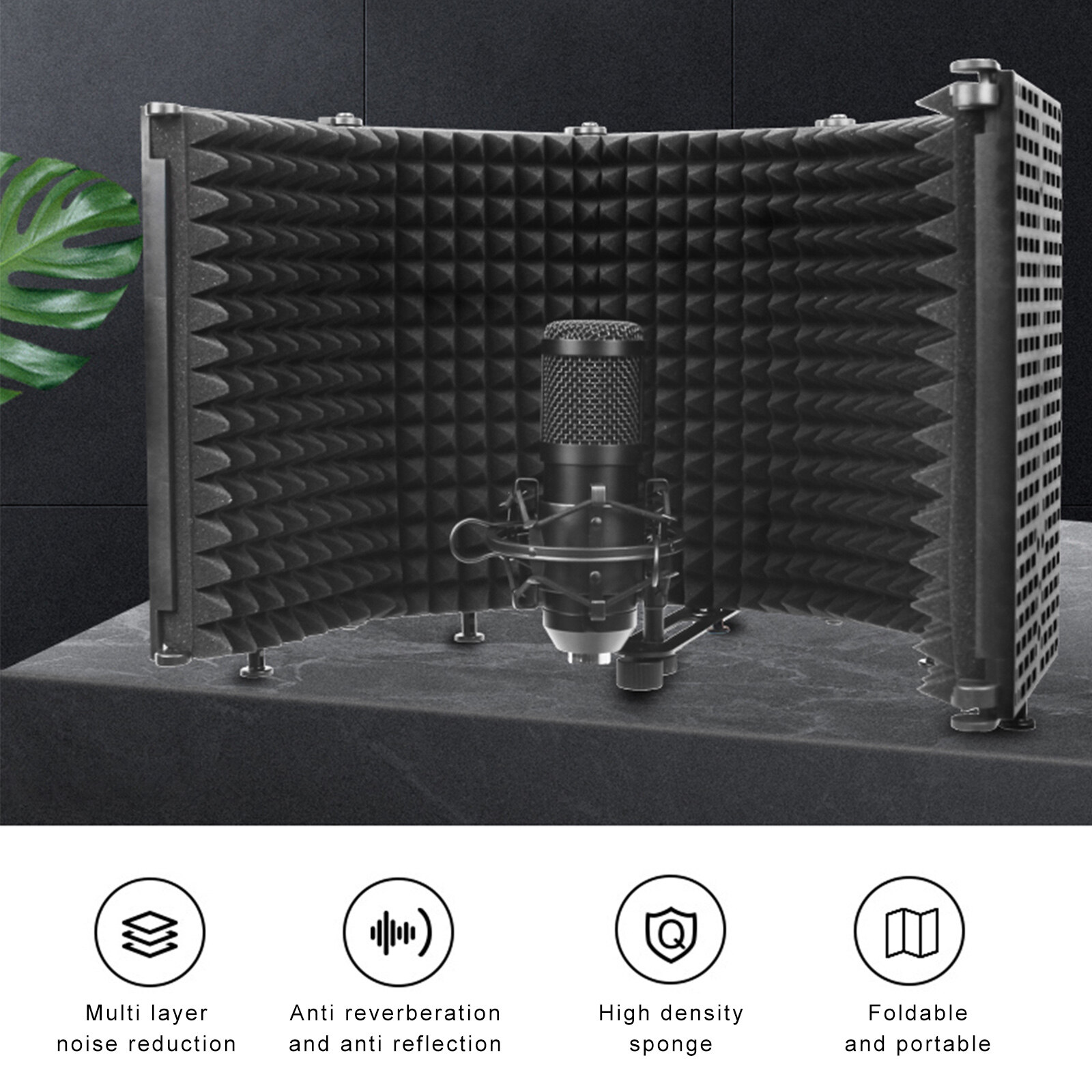 BO YIN Microphone Isolation Shield 5-Panel Wind Screen for Recording Studio Foldable High-Density Absorbing Sponge