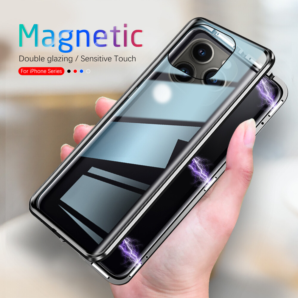 360 Magnetic Adsorption Metal Case For iPhone 12 11 13 14 15 Pro XS Max XR Double-Sided Glass Case For iPhone 7 8 Plus SE Magnet Cover