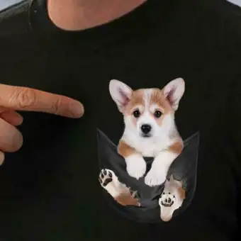 Lucu Corgi Dalam Saku Pecinta Anjing T Shirt Hitam Kapas Pria S