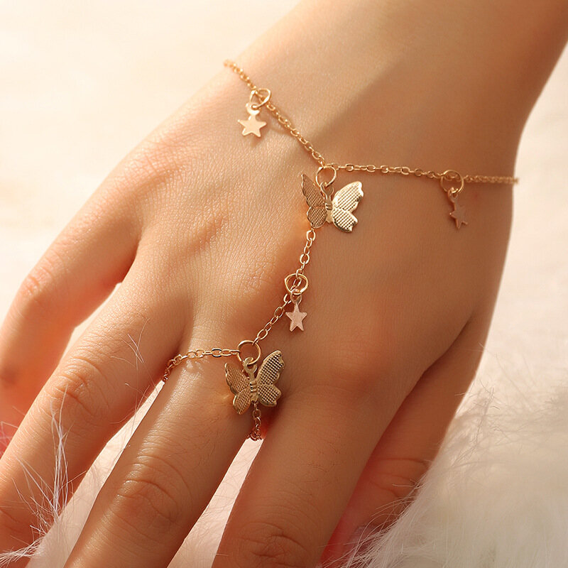 Gold Star Butterfly Slave Bracelet Hand Accessories for Women Fashion Connected Finger Bracelet On Hand Female Ring Boho Jewelry