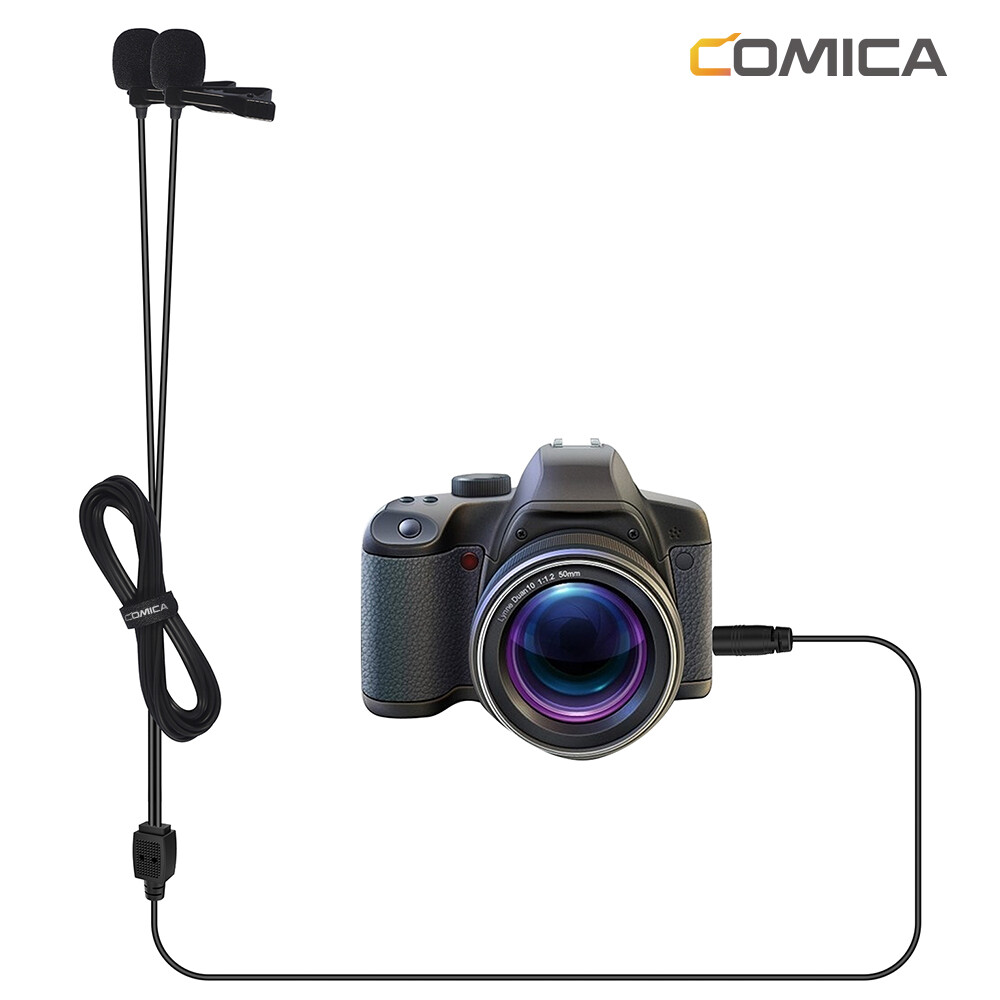Comica CVM-D02B Dual-head Wired Lapel Microphone Lavalier Condenser Microphone Omnidirectional Double Lav Mic for Phone Camera Gopro(3.5mm TRS)