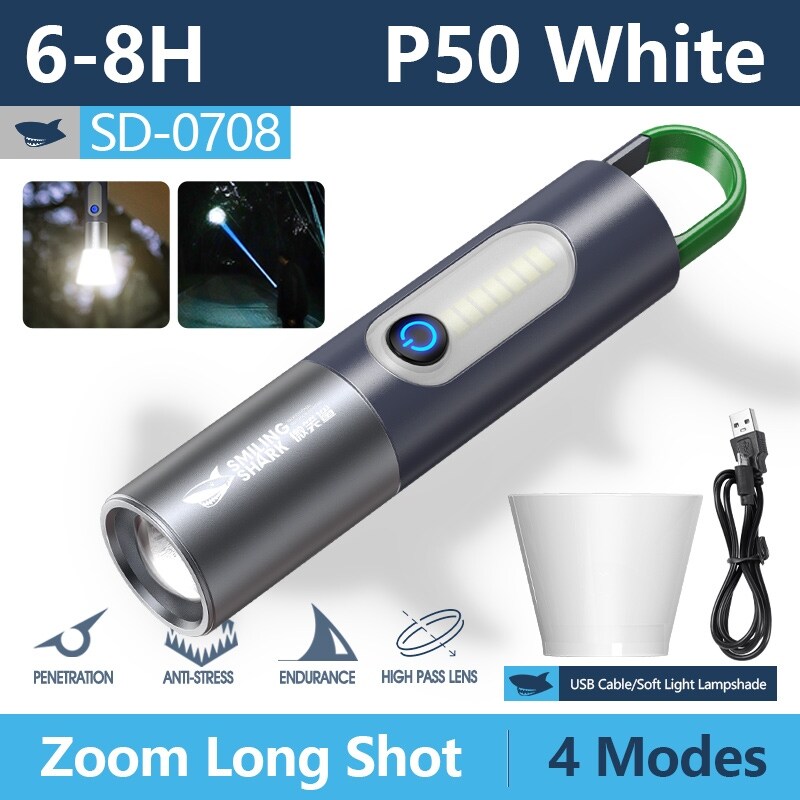❇ Smiling Shark Mini Flashlight M77 COB Led Torch Light Super Bright Pocket Portable USB Rechargeable Zoomable With Hook Home Emergency Outdoor Camping Hiking Torchlight Lighting