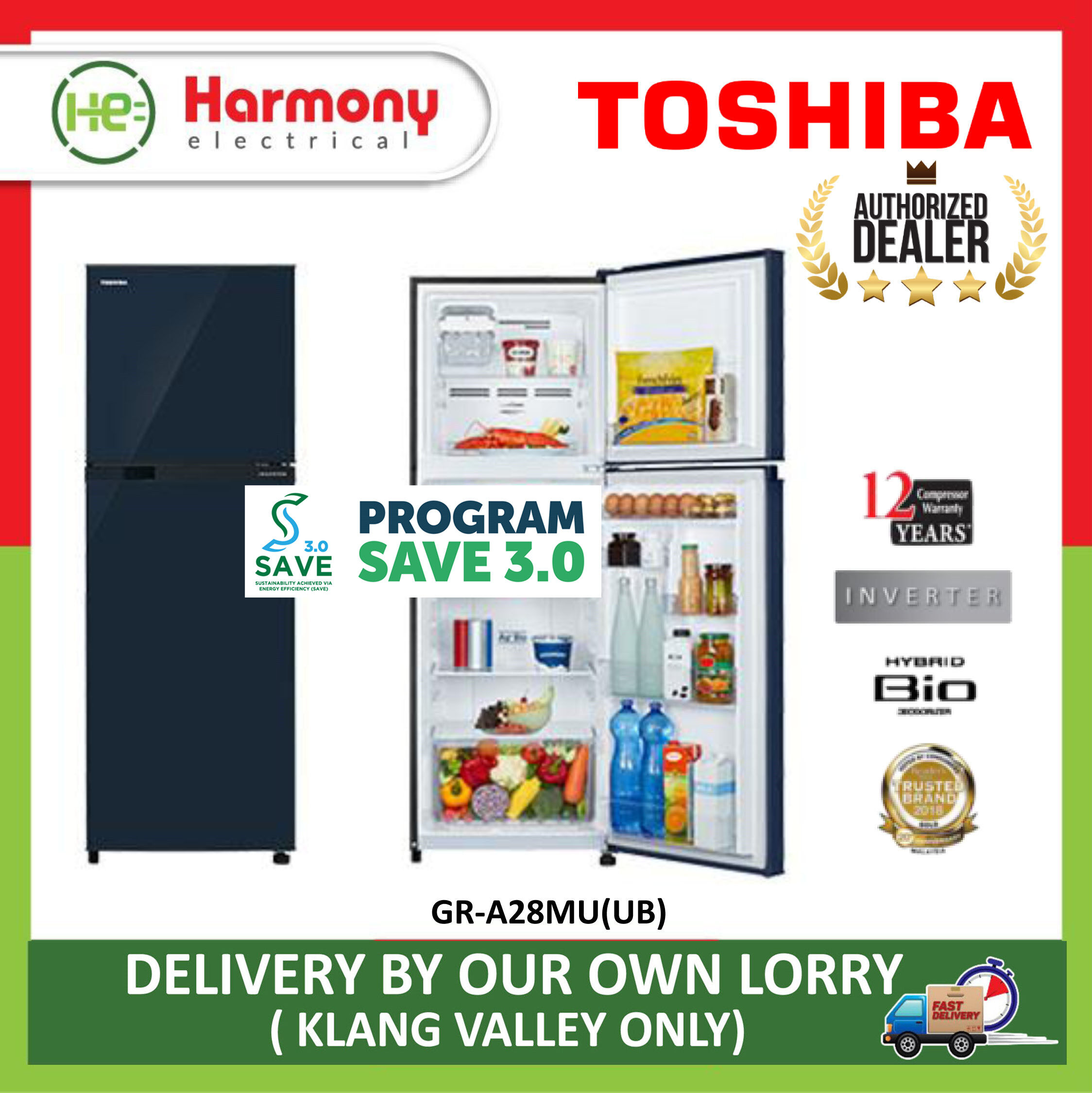 TOSHIBA GR-A28MU(UK) / GR-A28MU(UB) Refrigerator Ag+ Bio Deodorizer 280L Inverter Fridge (Peti Sejuk) 冰箱 Delivered By Seller (Klang Valley Only)