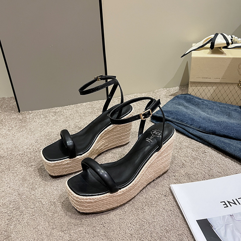 2023 Women's Summer New Korean Style Square Toe Hemp Rope Platform Wedge Sandals 11cm