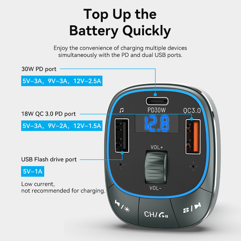 Vention Bluetooth 5.0 Car Charger 48W Fast Charging 3 Port QC 3.0 USB with LED Digital Display for SAMSUNG iPhone Huawei Xiaomi Cellphone MacBook PD 30W 12V to 24V Car Adapter Car Charger Socket Outlet