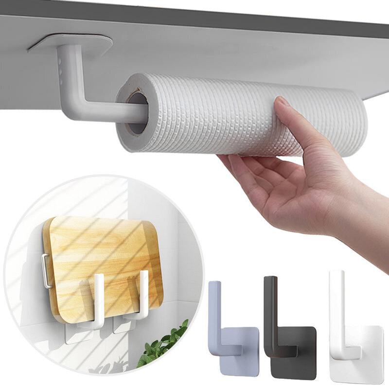 L-type Non-perforated Self-adhesive Hook Hanger Towel Roll Paper Cup Holder Multi-function Wall-mounted Kitchen Door Creative Hook