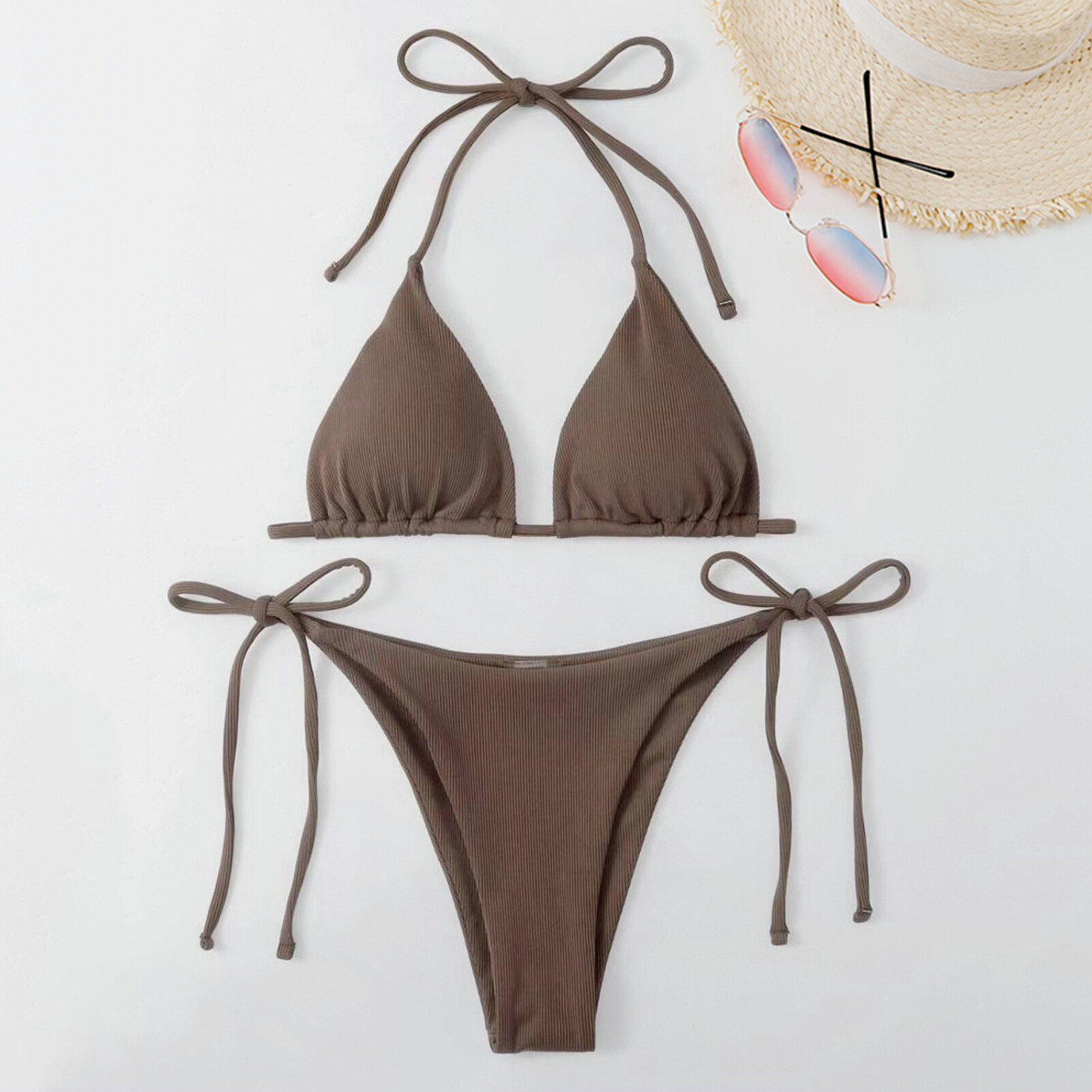 Witty Code 2Pcs/Set Ribbed Backless Pads Bikini Set Halter Triangle Bra Side Tie Thong Swimwear Beachwear Bikini Set Ribbed