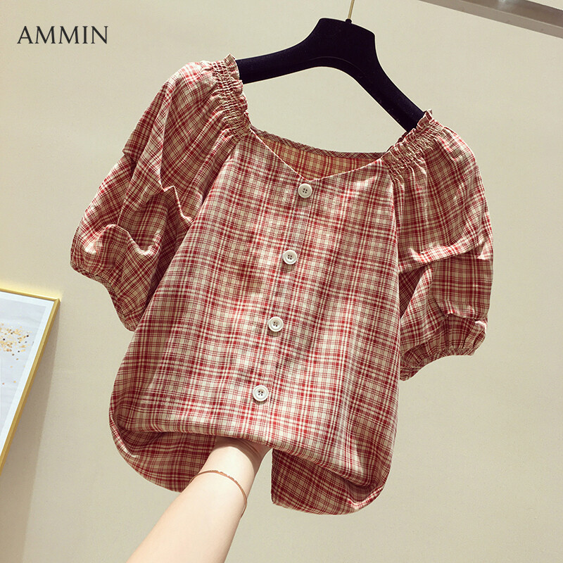 AMMIN Korean style sweet clavicle plaid chiffon shirt women's 2021 summer new style lantern sleeve French retro square collar elegant blouse ins tops hot