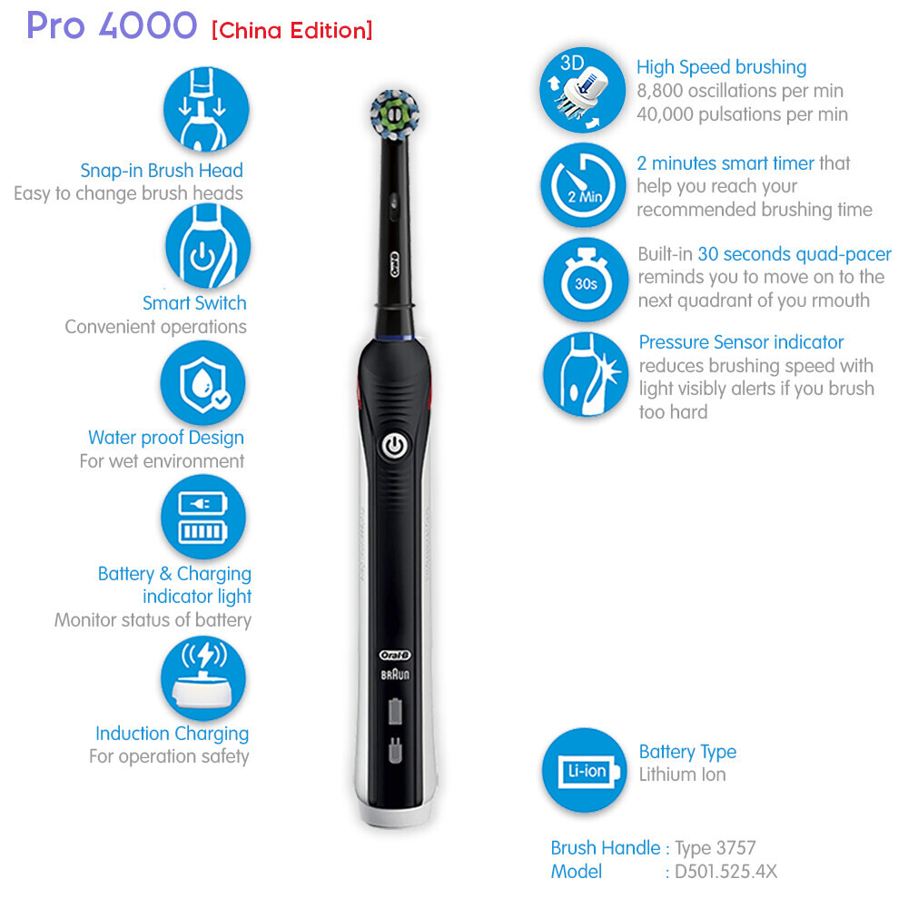 Oral-B Electric Toothbrush Pro 4000 3D CrossAction Rechargeable