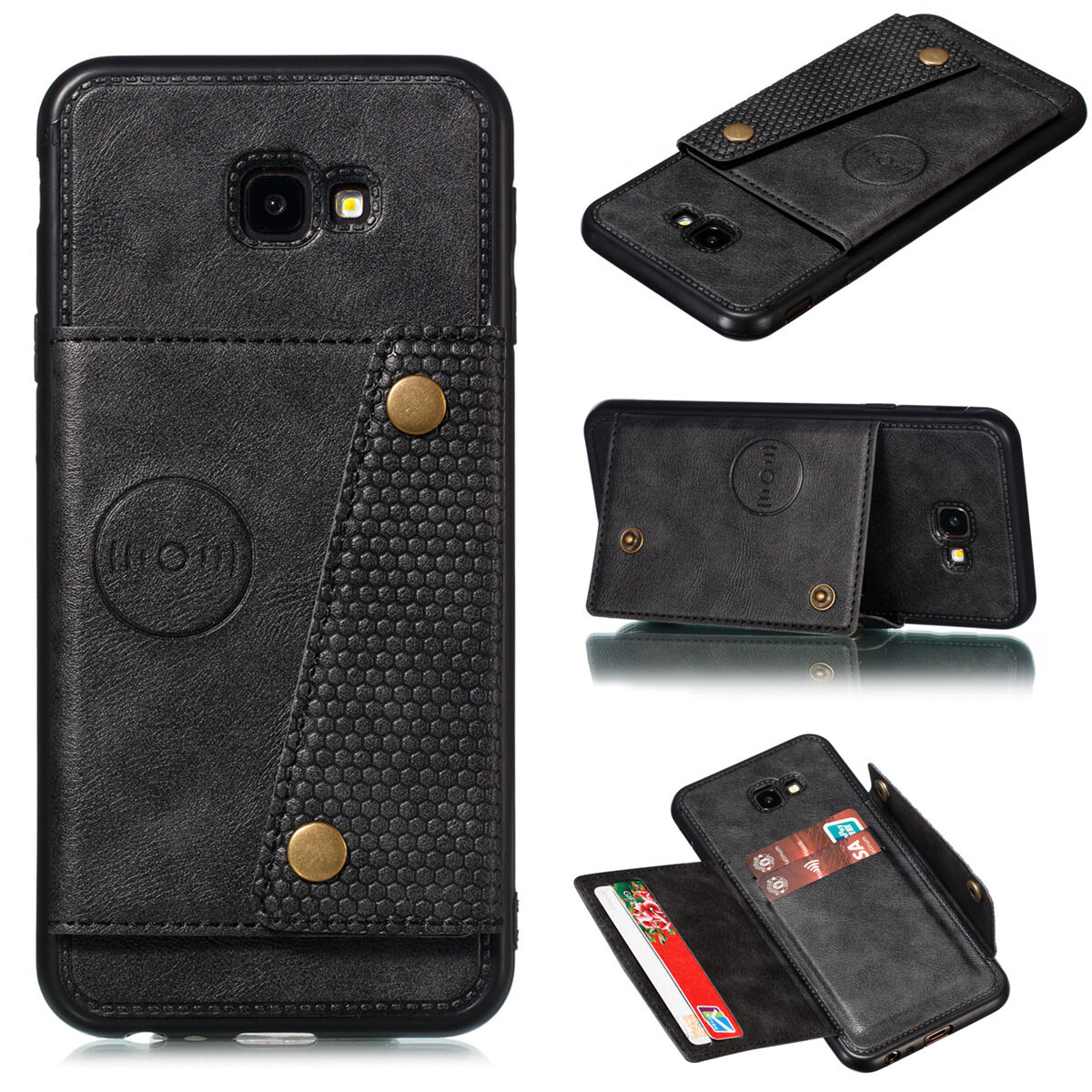 Cho Samsung J4 + j4plus da trường hợp nhiều Folio lật Bìa Wallet trở lại trường hợp vỏ, có thể làm việc với gắn trên xe hơi, ẩn thẻ tín dụng ID khe giữ, retro nút kim loại clasp, đứng hỗ trợ