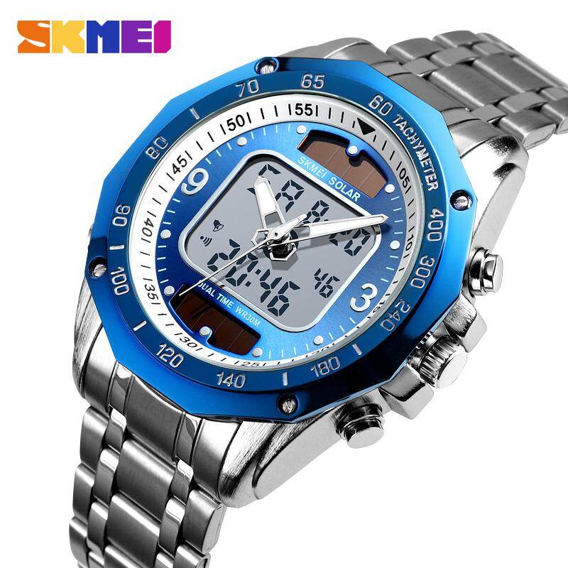 SKMEI Men Fashion Watches Solar Stainless Steel Watch Chrono Dual Display Waterproof Business Wristwatches 1493