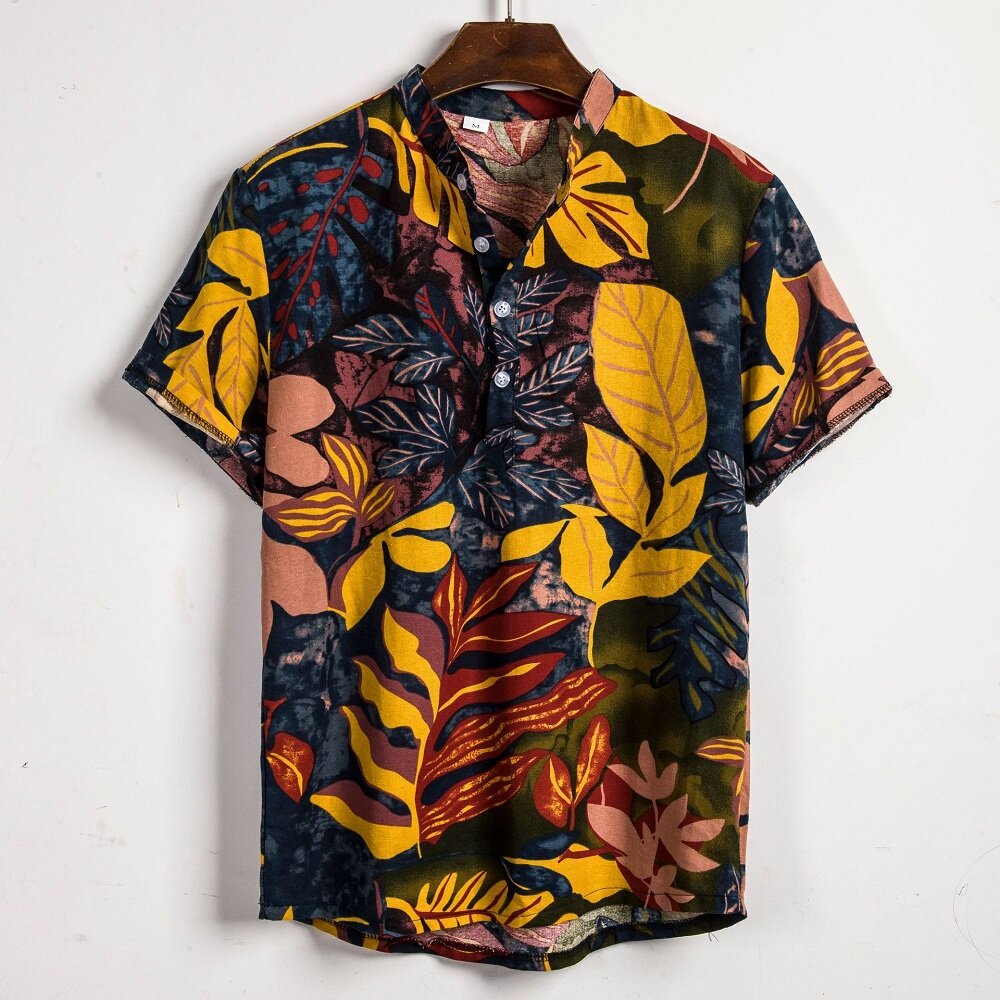 Happybuyner Outdoor Beach Men Linen Short Sleeve Shirt Summer Floral Loose Baggy Casual Hawaii Holiday Beach Shirts Tee Tops Buttons Blouse National Style