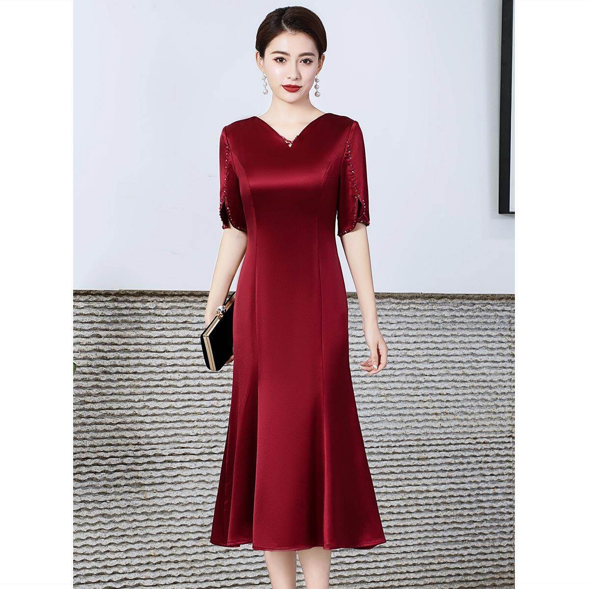 2022 high-end mother dress red acetate cheongsam dress covering belly middle-aged wedding temperament happy mother-in-law dress