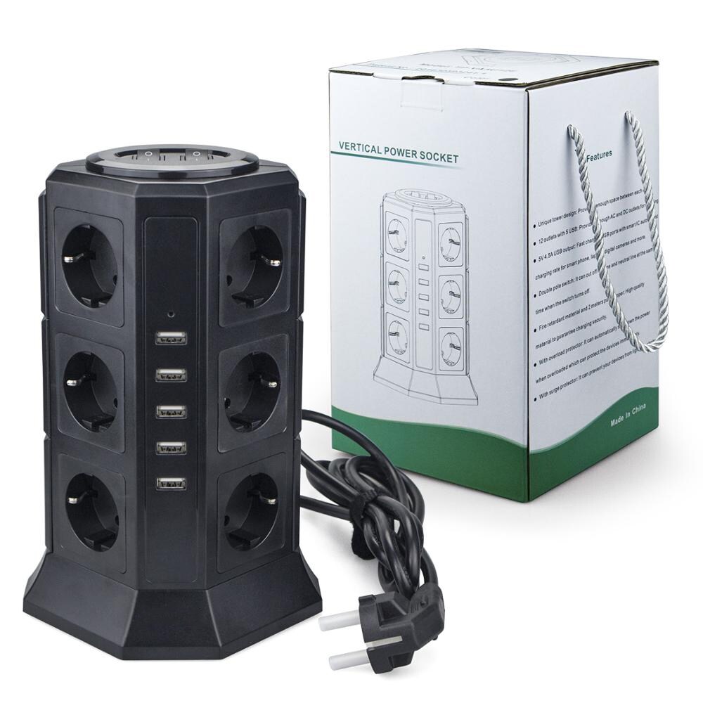 [HOT W] Tower Multi Power Strip Vertical EU Plug 12 Way Outlets Sockets with USB Surge Protector Circuit Protection 2m Extension Cord