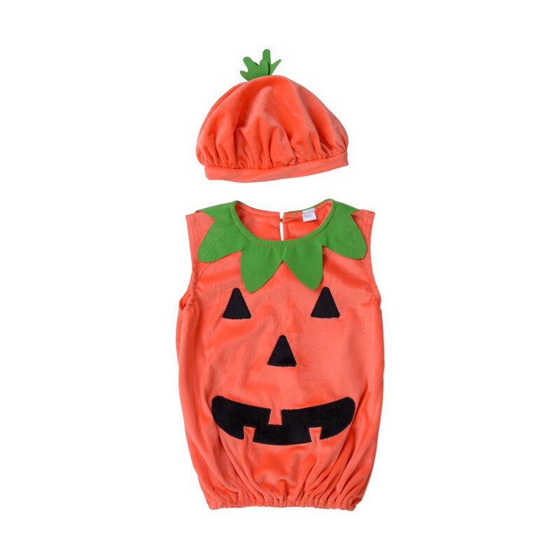 Halloween Baby Kid Pumpkin Suit Top Blouse Dress+Hat Clothes Costumes-Orange