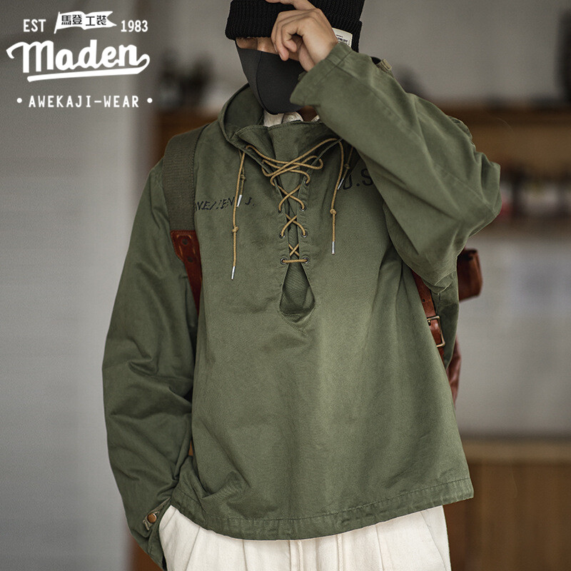 Maden brand clothing 2023 autumn new men Japanese retro navy deck clothing military style long-sleeved shirt army green hooded sweater