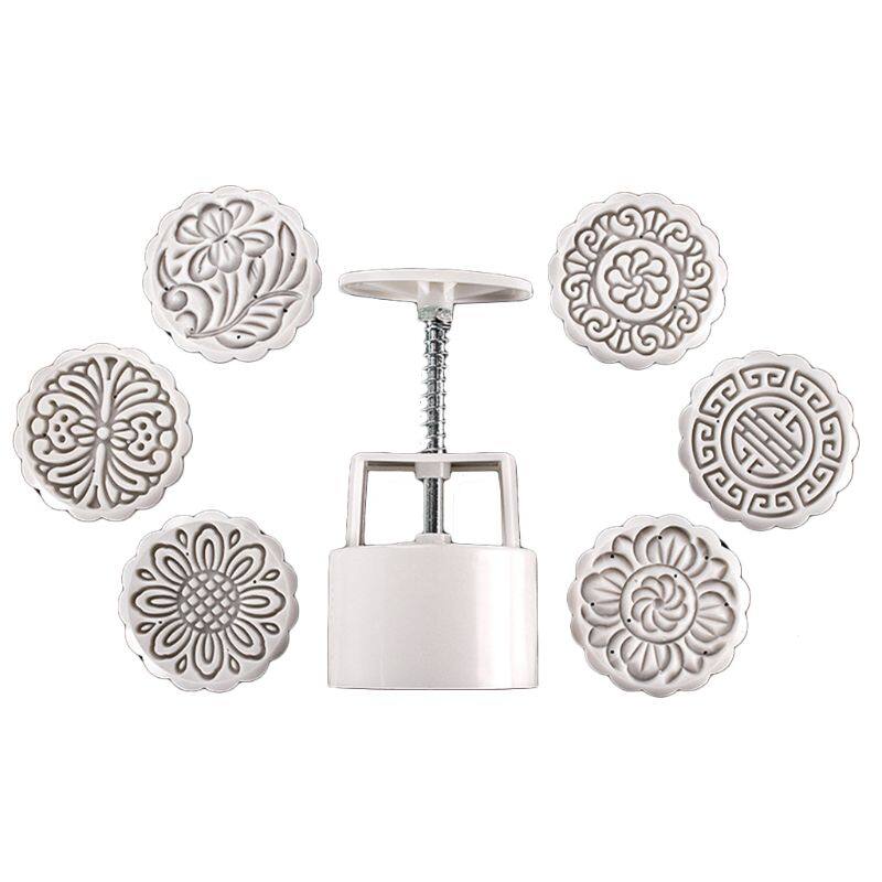 100g Mooncake Barrel Mold with 6pcs Flower Stamps Hand Press Moon Cake Pastry Mould DIY Bakeware