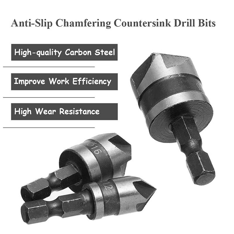 3PCS 12/16/19mm 5Flute Hex Countersink Boring Drill Bit Set for Wood Metal Quick Change Drill Bit Tool Chamfer Drilling Tools