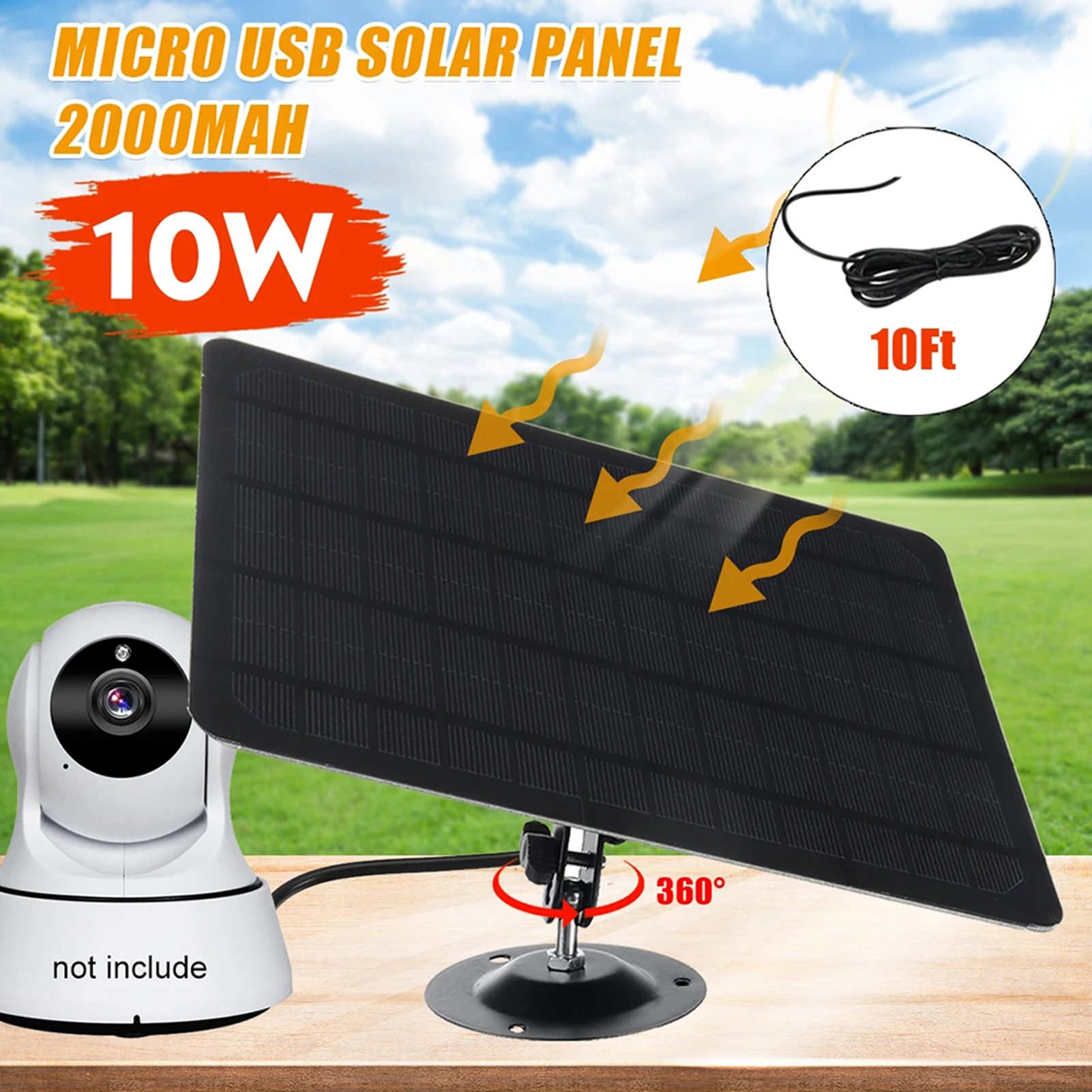 KKmoon 10W 5V Micro USB Solar Panel 2000mAh 360-degree Rotation Waterproof Wall Mounted Monocrystal Silicon Solar Plate for USB Camera