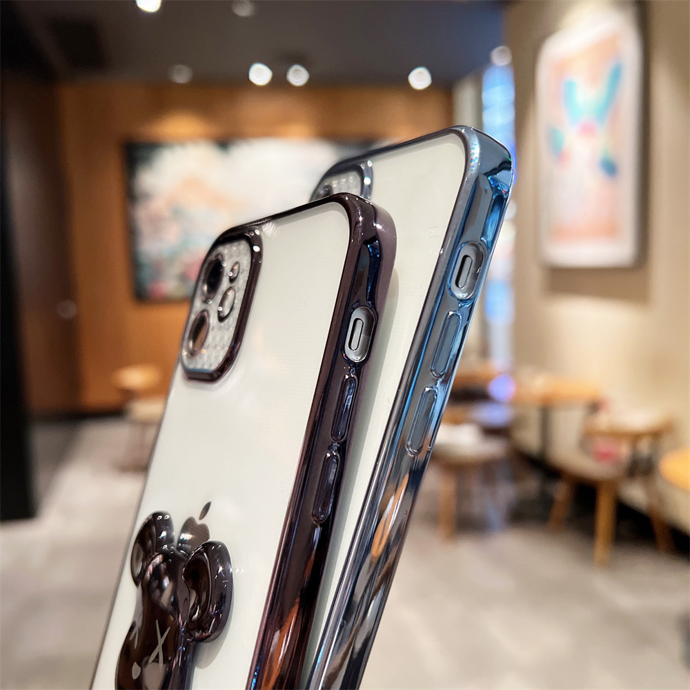 Cute Cartoon Bear Electroplating Bracket Phone Case for IPhone 11 12 13 Pro Max 7 8 Plus SE 2 Case Xr Xs Max Luxury Transparent Electroplated Frame Phone Case