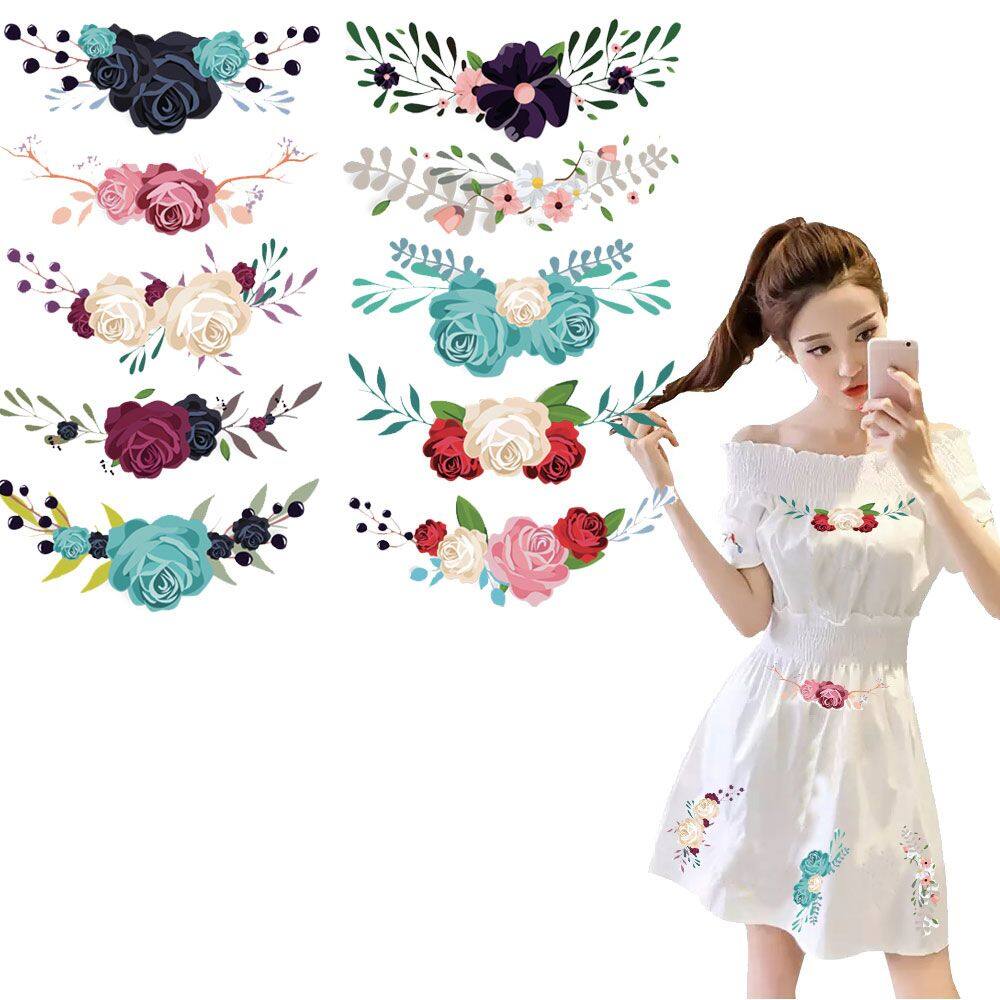 Iron on Patches 10 Pieces/Lot Fashion Flower Heat Transfer Stickers Dresses for Clothes T-shirt Hat Bag Patches Printing Applique DIY Sewing Patch Thermo-stickers