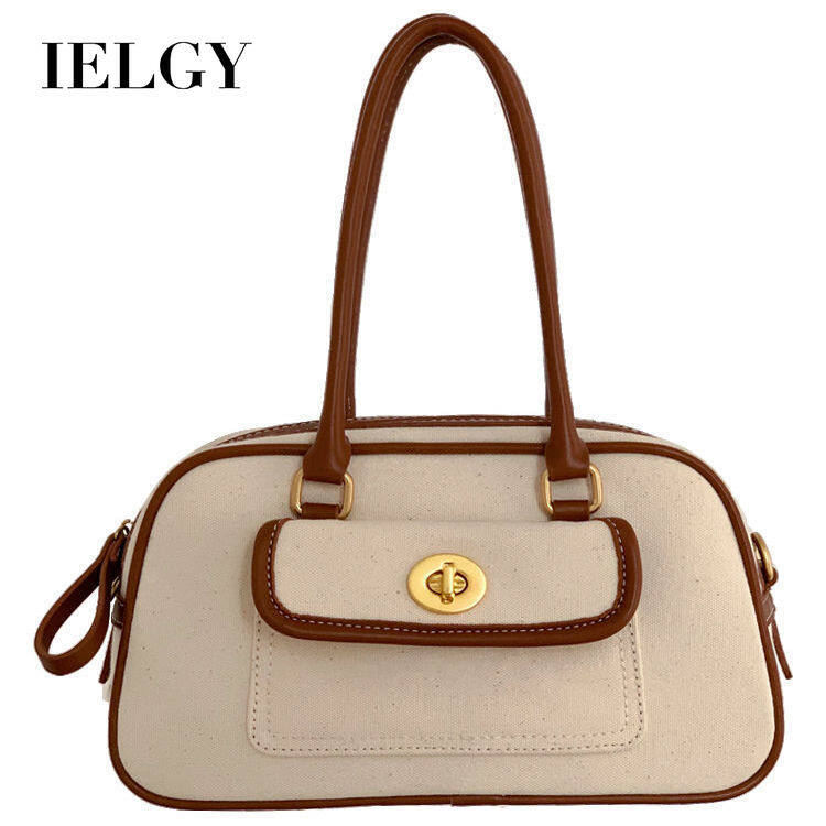 IELGY retro canvas stitching PU handbag hit color female bag fashion trend all-match one-shoulder diagonal bag