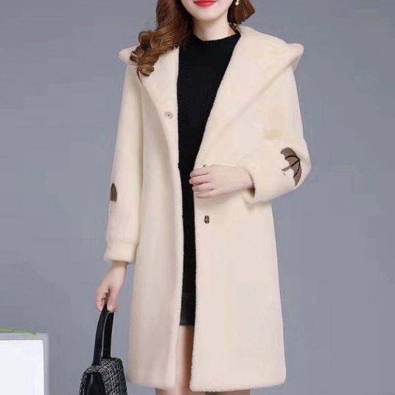 LOMOGI Winter Woolen Jacket for Women Hooded Jacket Lamb Wool Coat Fashion Warm Jacket Middle Long Coat
