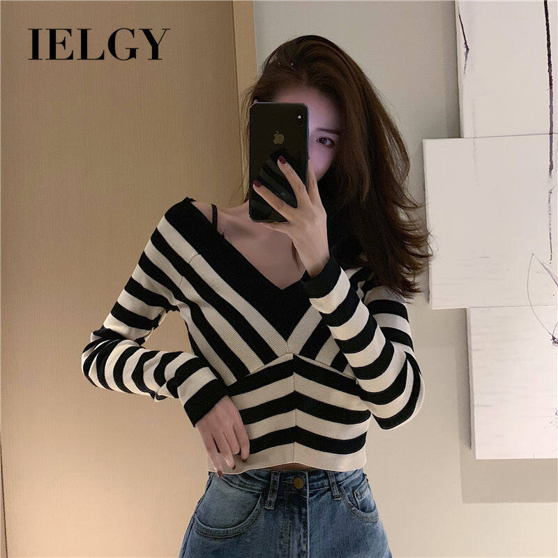 IELGY Korean version of thin v-neck shirt striped long-sleeved bottoming high-waist sweater thin section