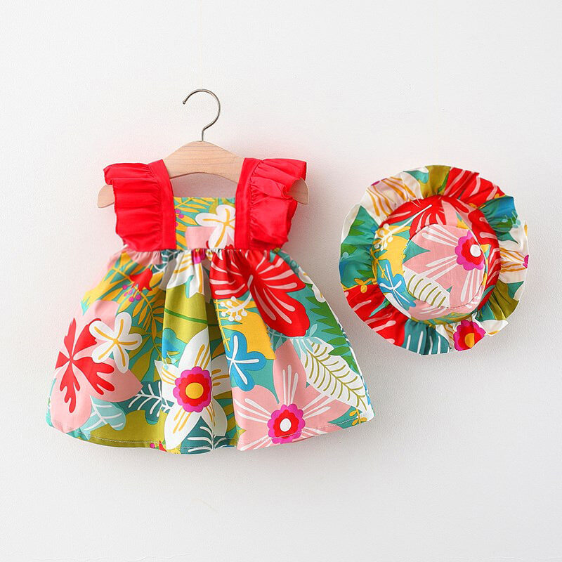 2022 summer new girl dress cute flying sleeves bohemian flower children's skirt party skirt send the same cloth hat for 9 months-3 years old baby
