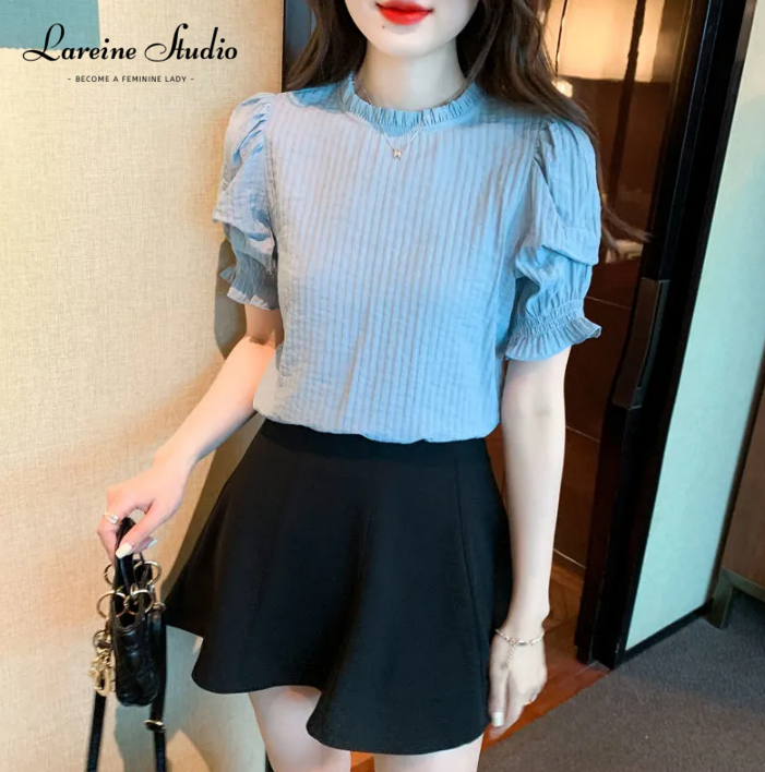 Lareine Áo Thun Cổ Tròn Tay áo bong bóng phong cách thường ngày Hàn Quốc Áo cánh nữ áo tay lửng xếp li Áo khoác Blouse Màu trơn