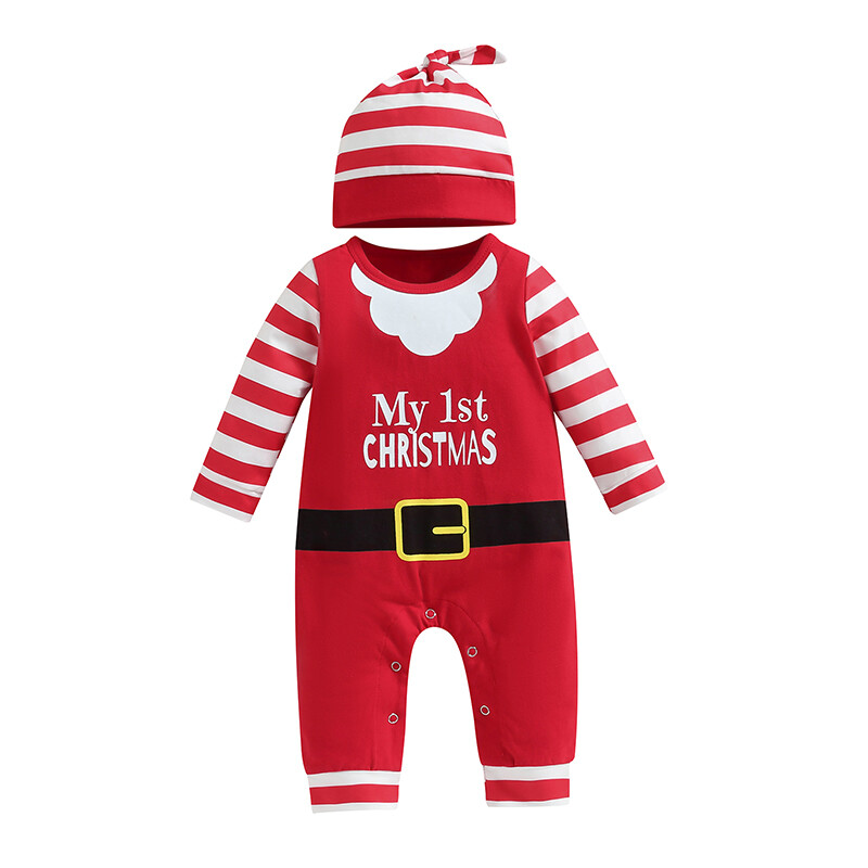 M&B home 2pcs/set Baby Christmas Round Neck Romper Long Sleeve Jumpsuit + Hat Warm outfit for Newborn 0-18 months
